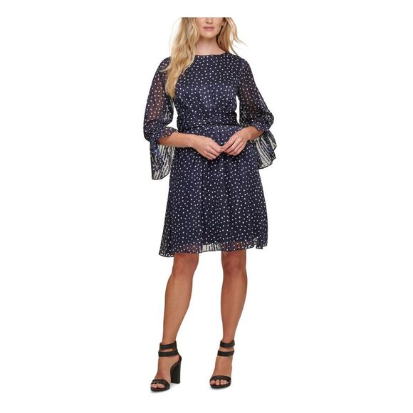 DKNY Womens Navy Ruffled Cinched Waist Polka Dot Balloon Fit + Flare Dress 14 - Picture 1 of 5